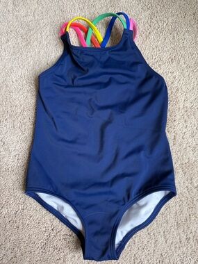 Girls' Navy One-Piece Swimsuit with Multicolor Straps